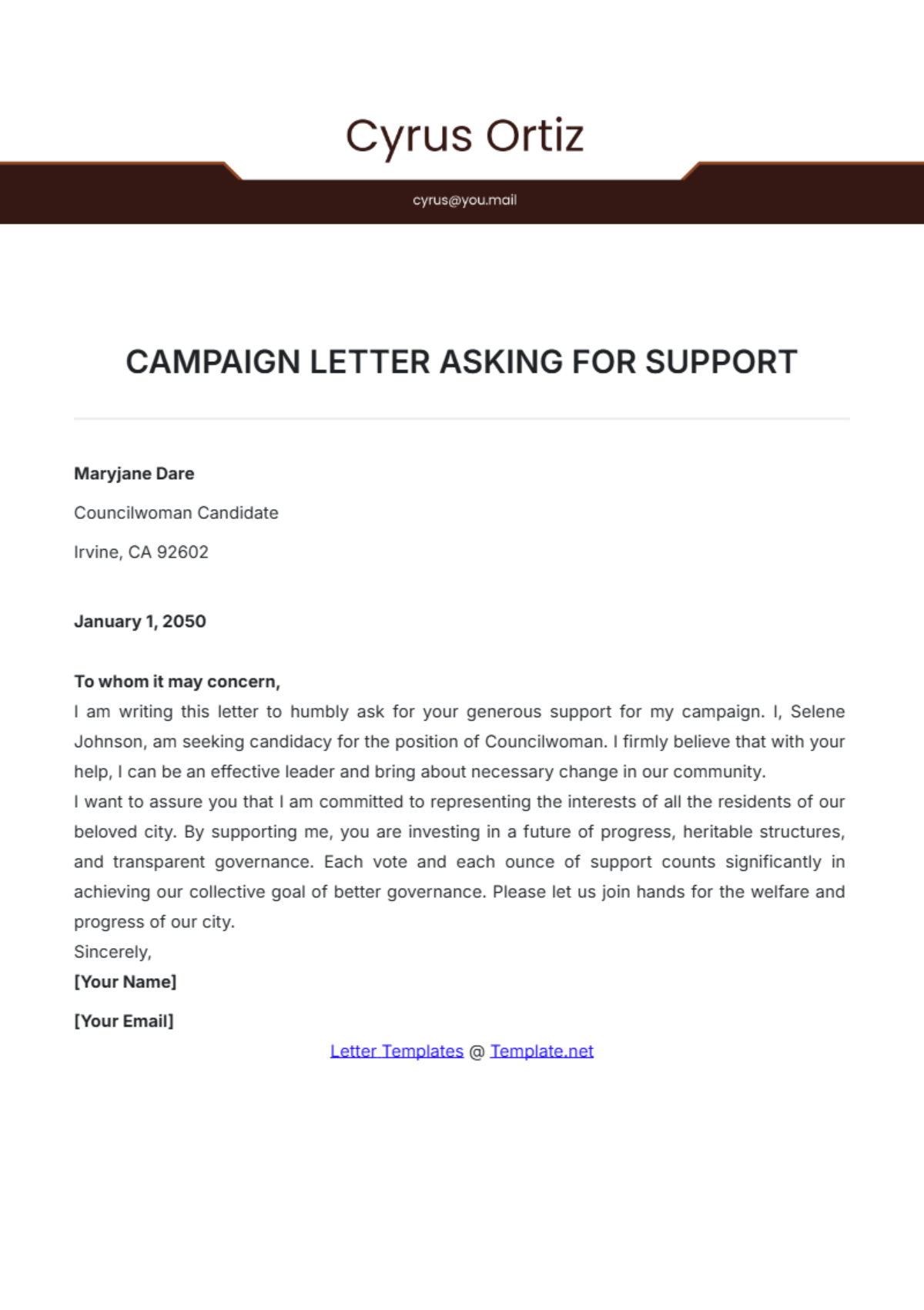 Campaign Letter Asking for Support Template