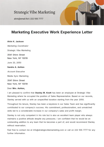 Free Marketing Executive Work Experience Letter Template to Edit Online