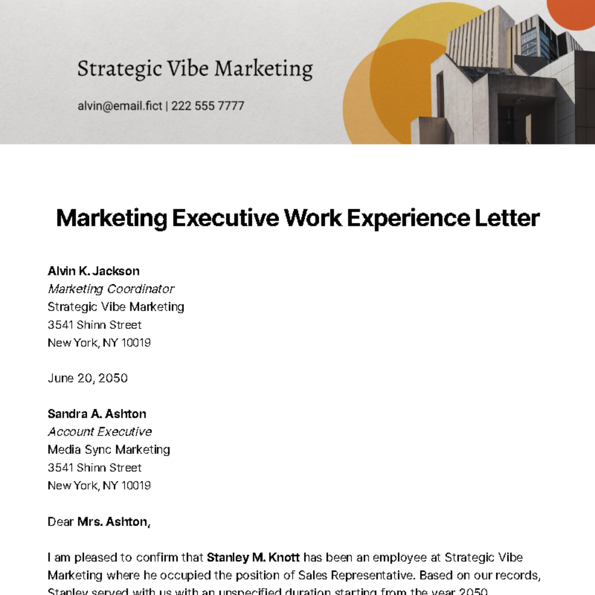 Free Marketing Executive Work Experience Letter Template