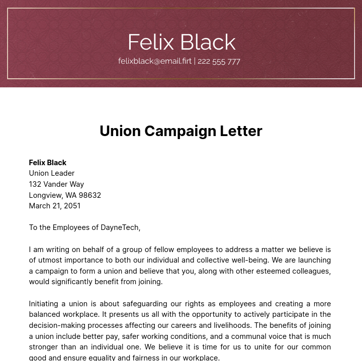 Free Union Campaign Letter Template