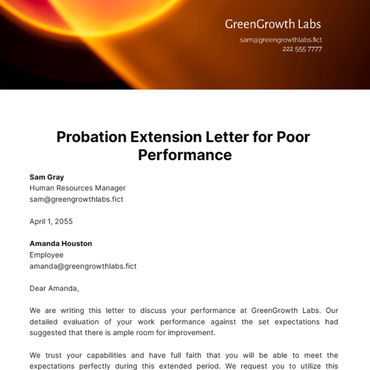 Free Probation Extension Letter for Poor Performance Template