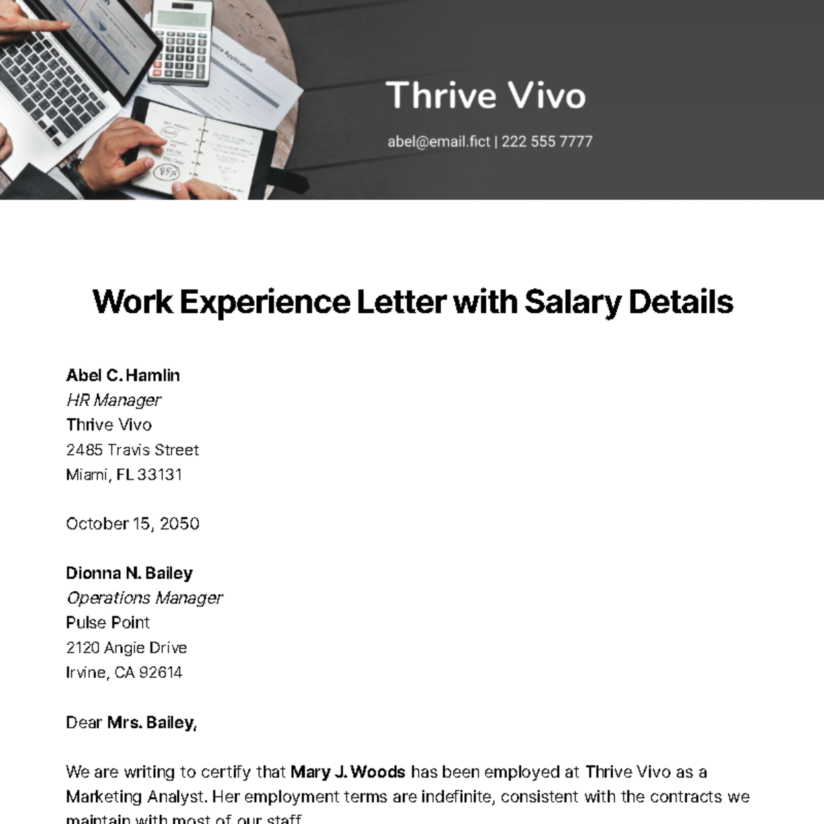 Work Experience Letter with Salary Details Template