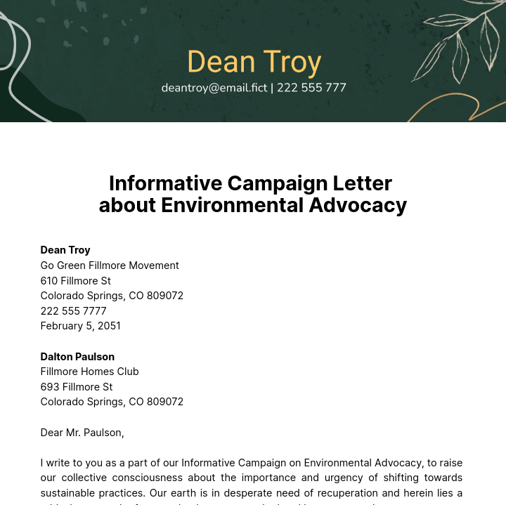 Informative Campaign Letter about Environmental Advocacy Template