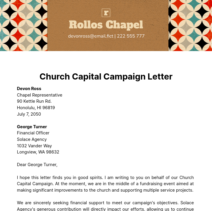 Free Church Capital Campaign Letter Template