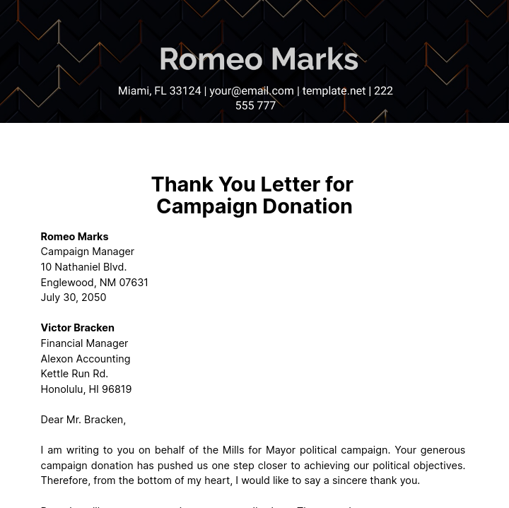 Thank you Letter for Campaign Donation Template
