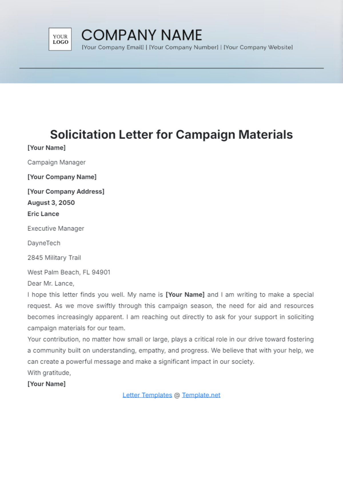 Solicitation Letter for Campaign Materials Template