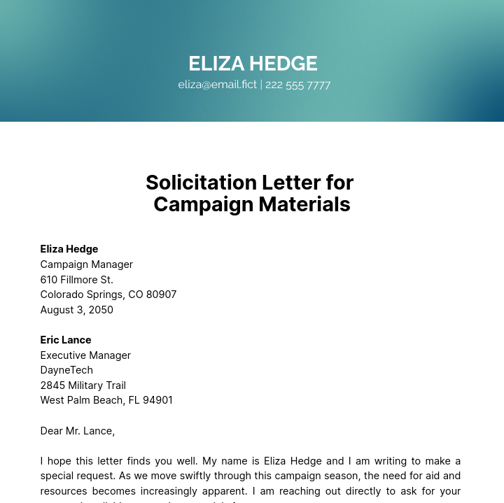 Free Solicitation Letter for Campaign Materials Template