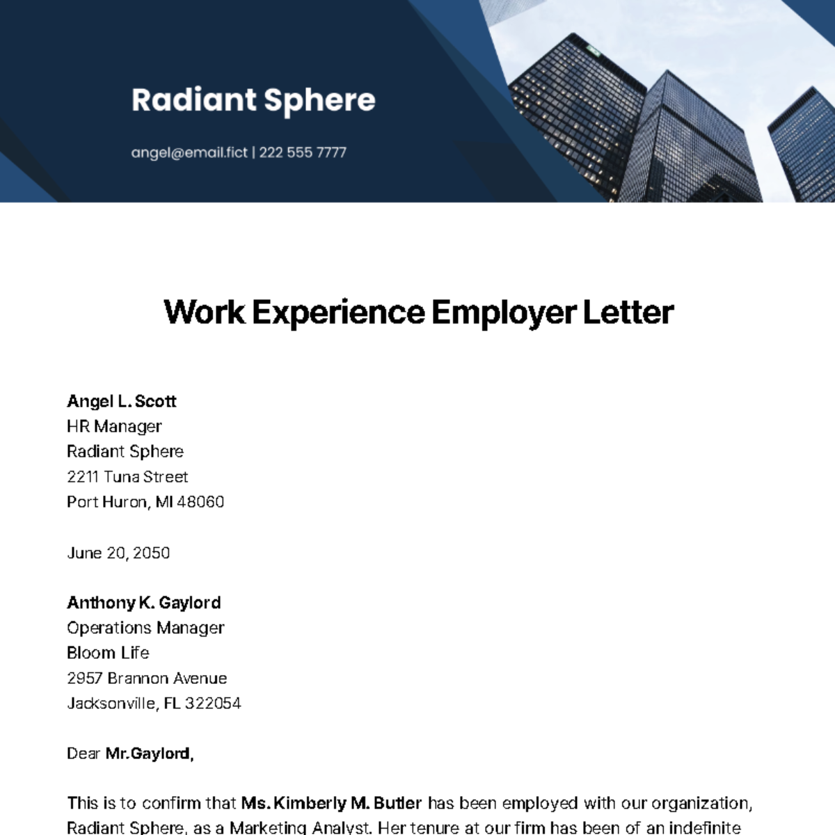 Work Experience Employer Letter Template