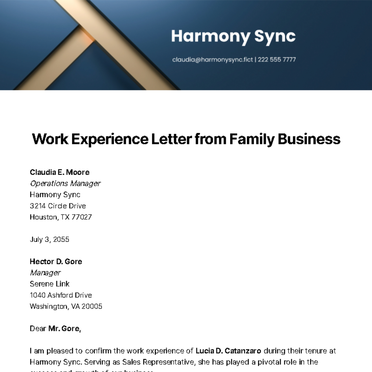 Free Work Experience Letter from Family Business Template