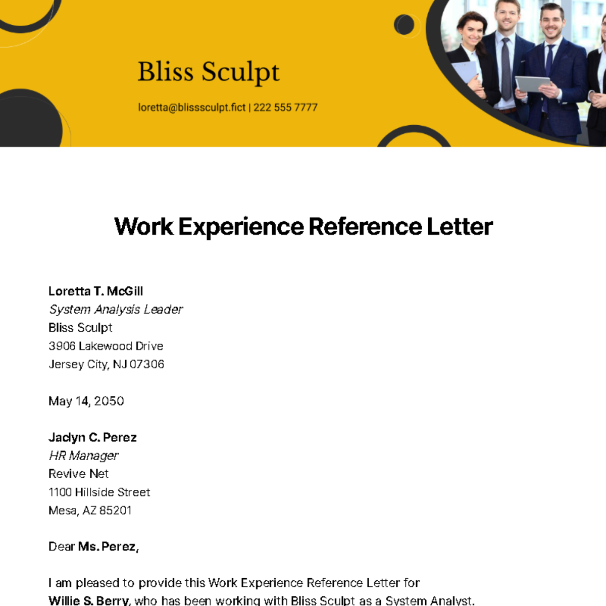 Work Experience Reference Letter Template