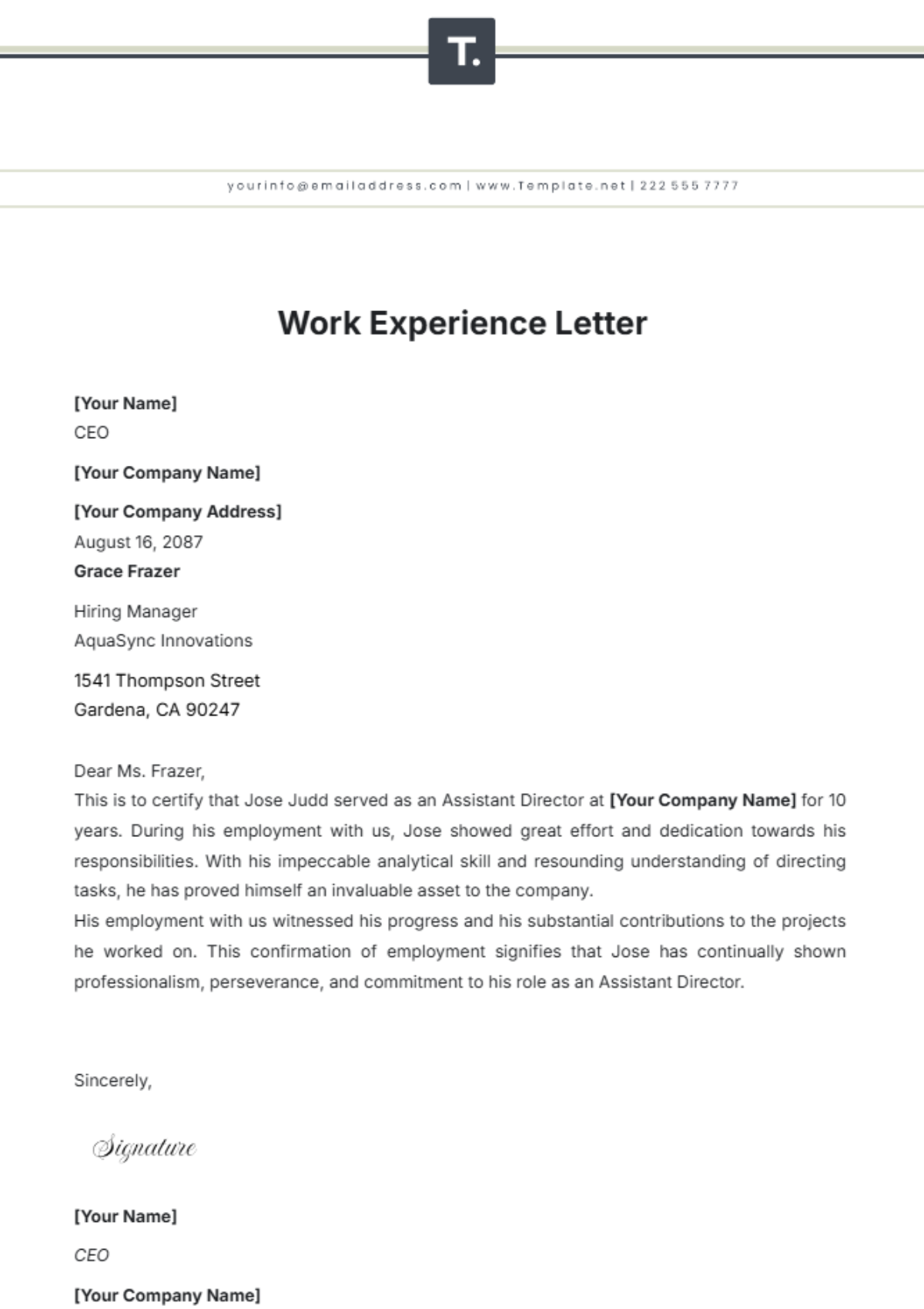 Work Experience Letter Template