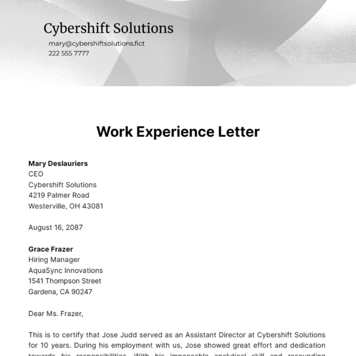 Work Experience Letter Template