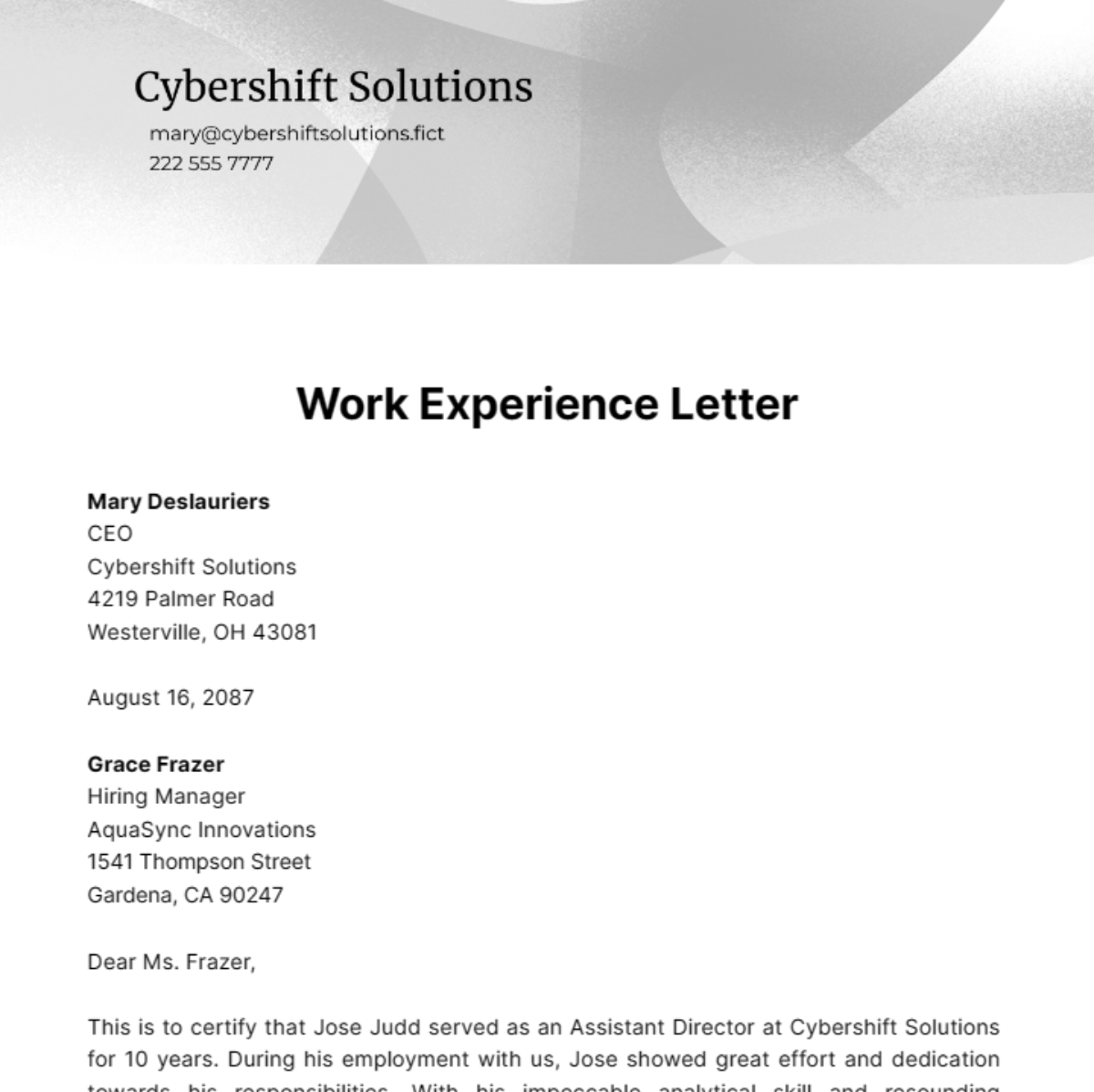 Free Work Experience Letter Template