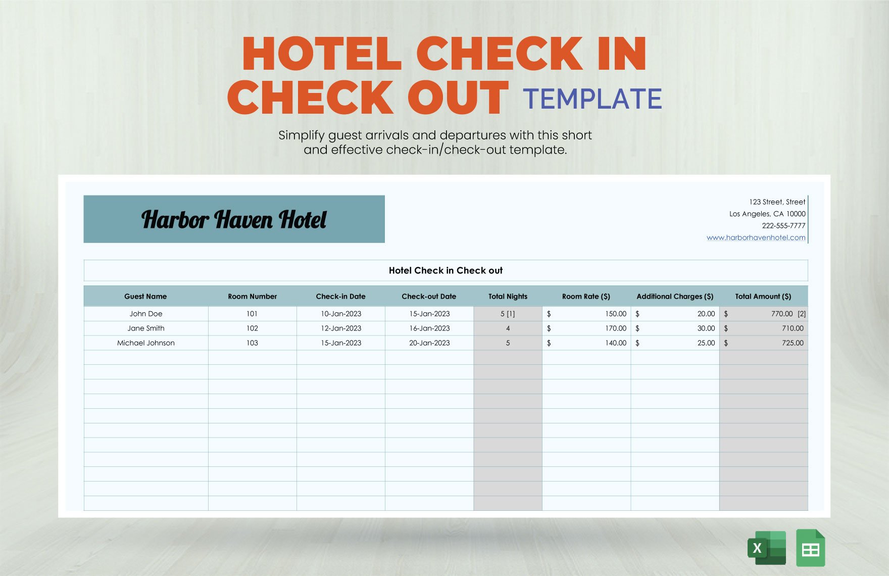 Hotel Check in Check out Template in Excel, Google Sheets