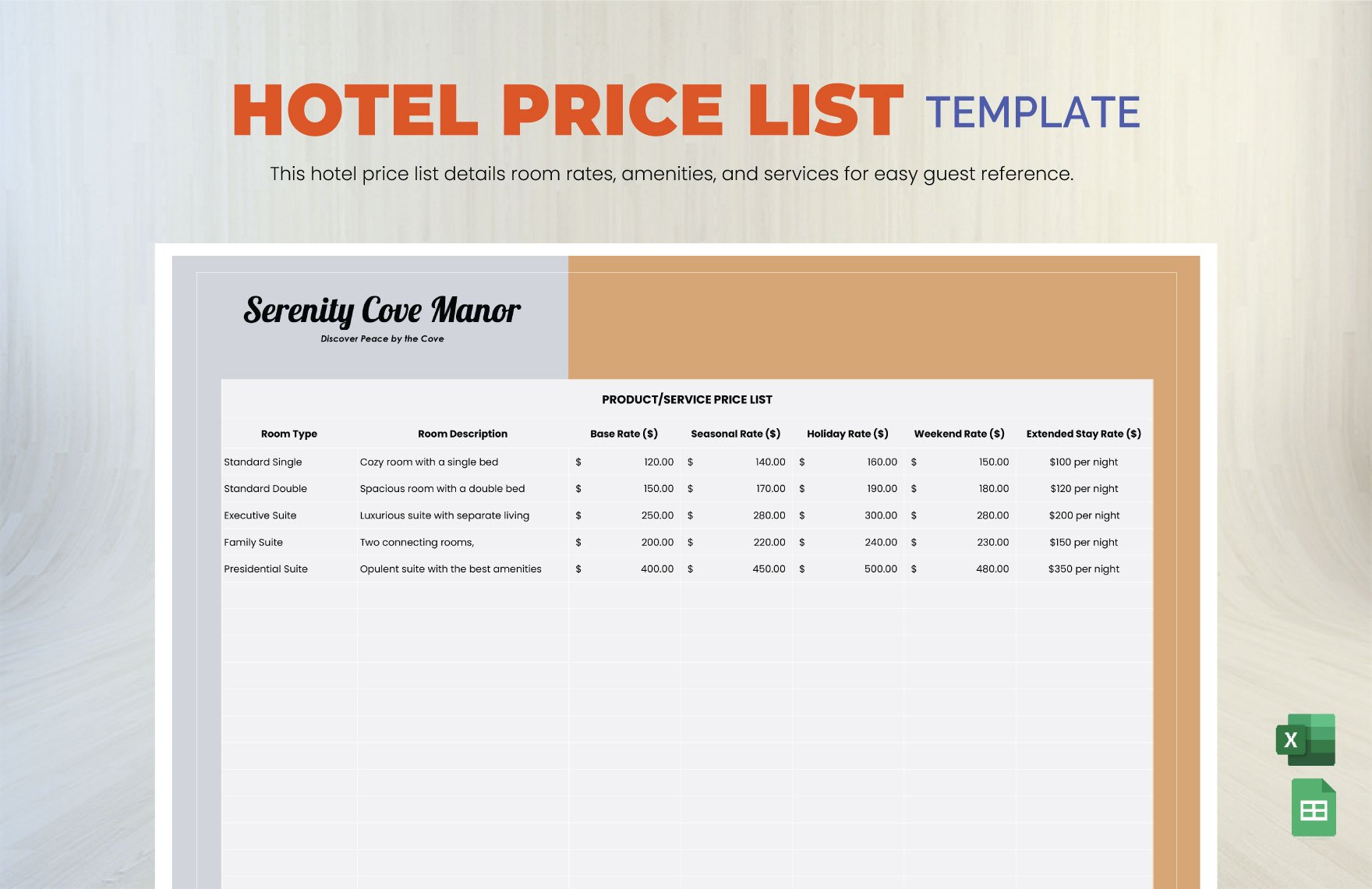 Free Hotel Price List Template in Excel, Google Sheets