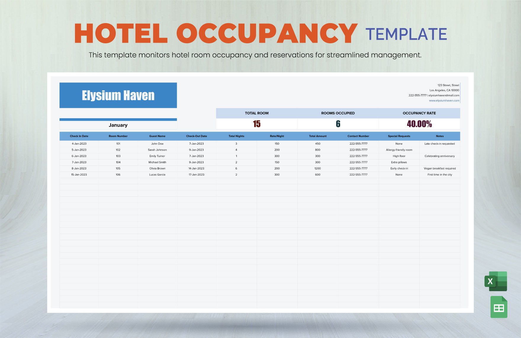 Hotel Occupancy Template in Excel, Google Sheets