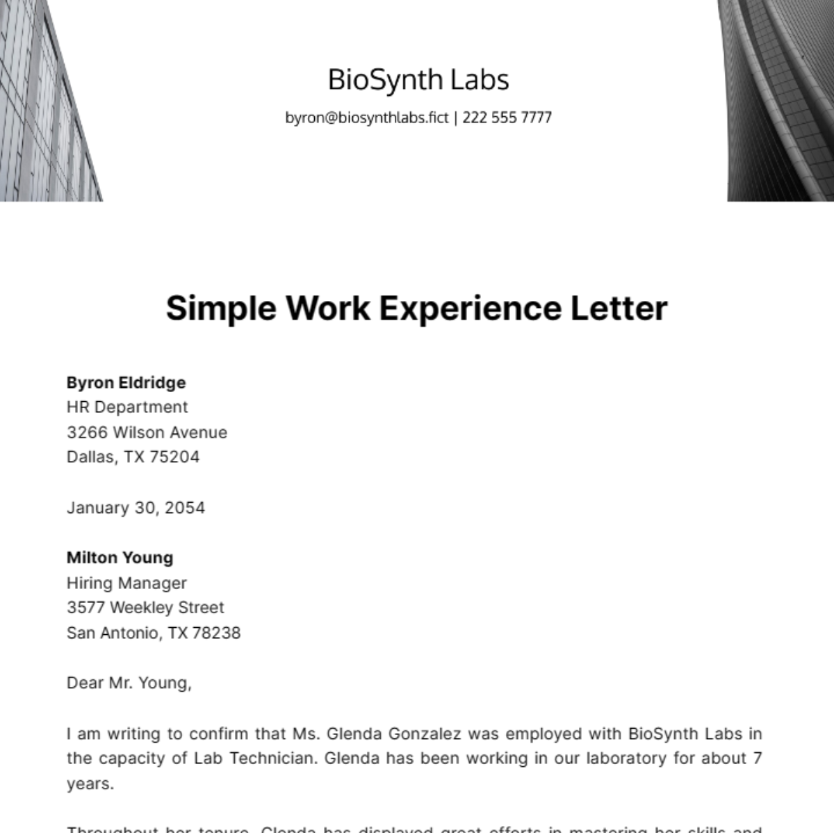 Simple Work Experience Letter Template