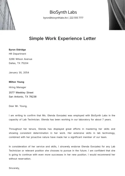 Free Simple Work Experience Letter Template to Edit Online