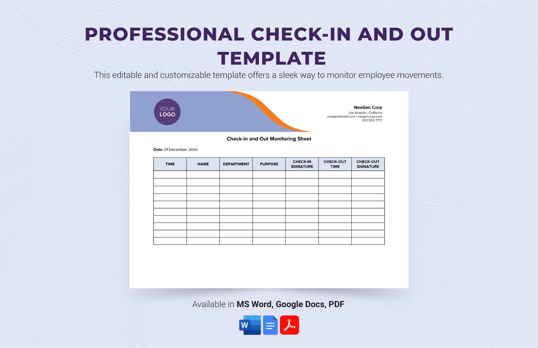 Free Professional Check-in and Out Template