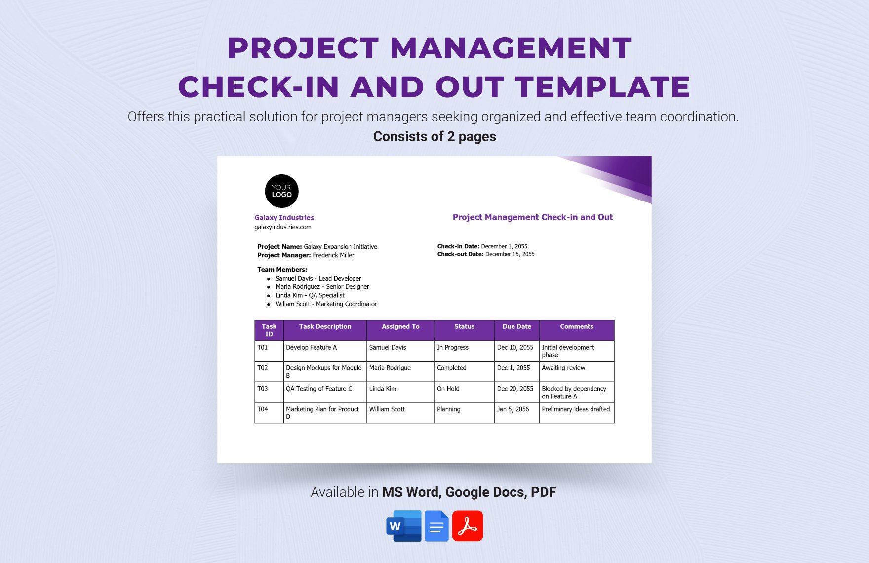 Free Project Management Check-in and Out Template