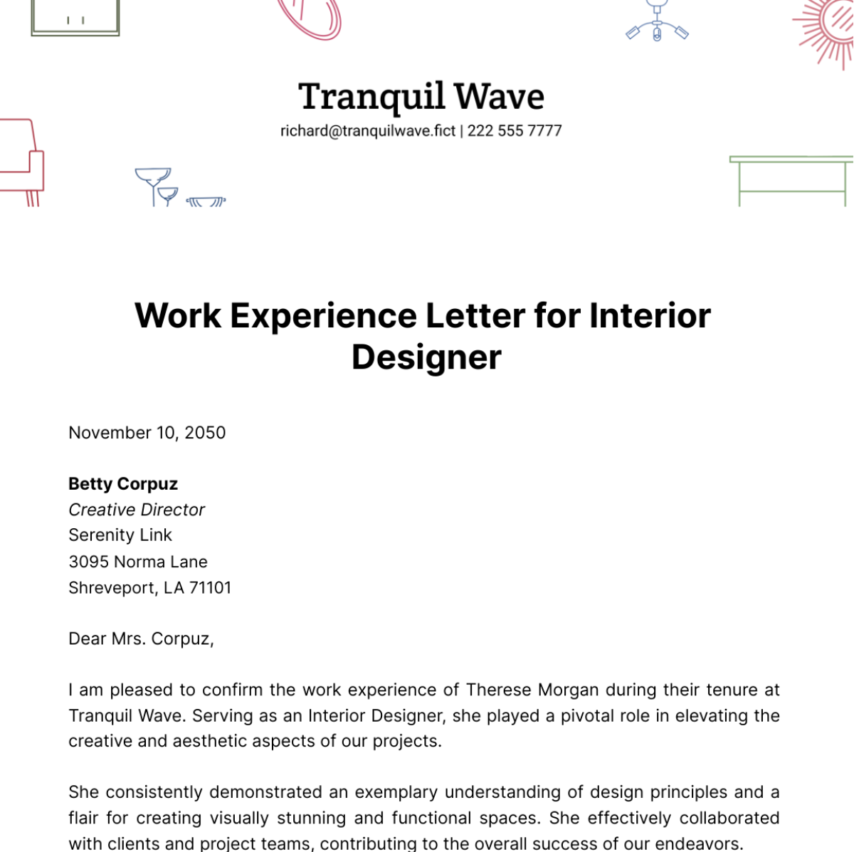 Free Work Experience Letter for Interior Designer Template