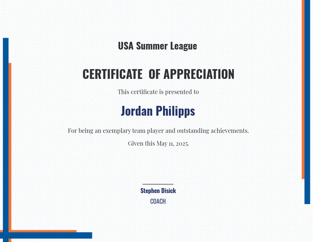 Sports Appreciation Certificate Template - Google Docs, Illustrator, Word, Outlook, Apple Pages, PSD, Publisher