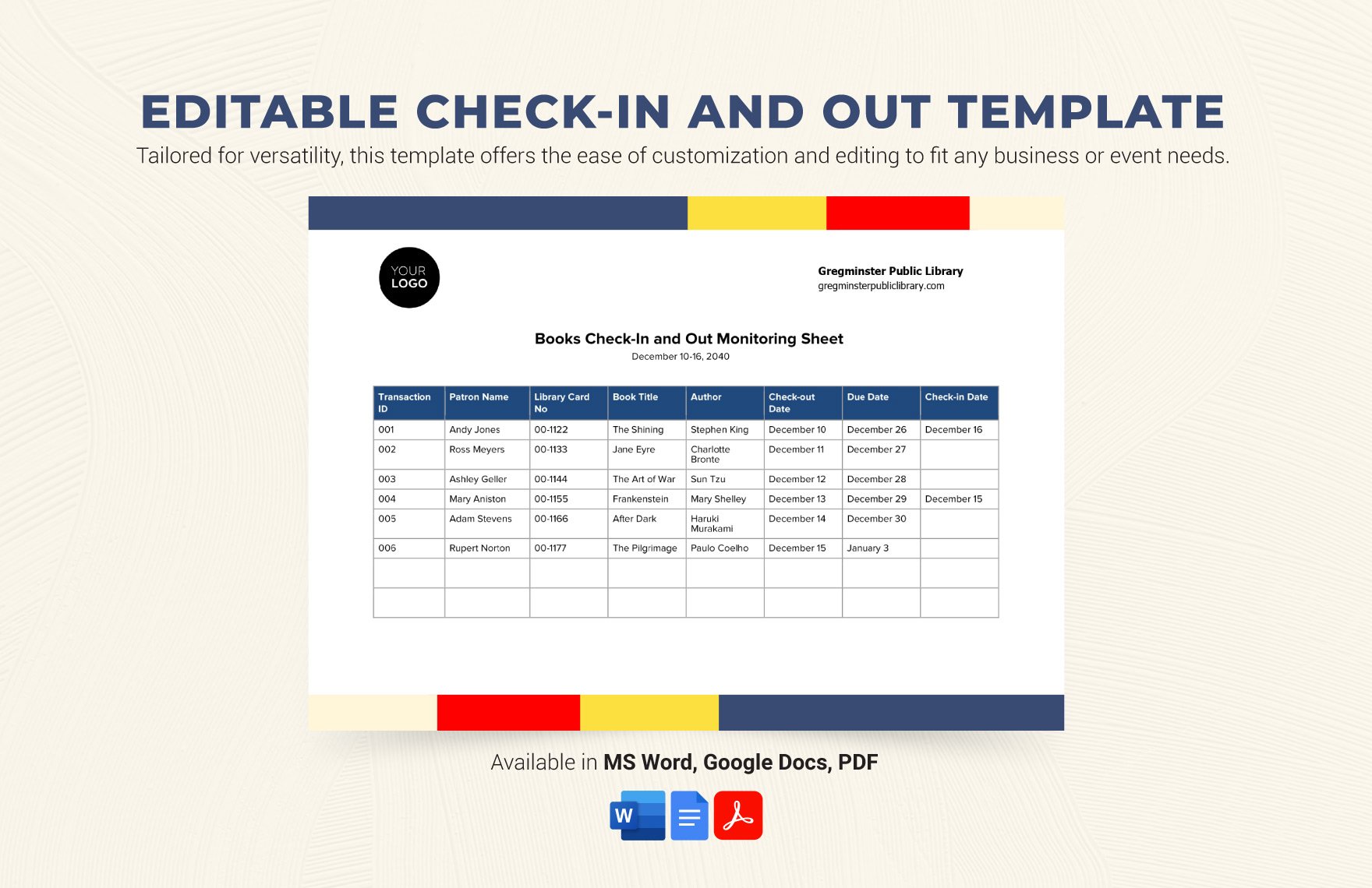 Editable Check-in and Out Template