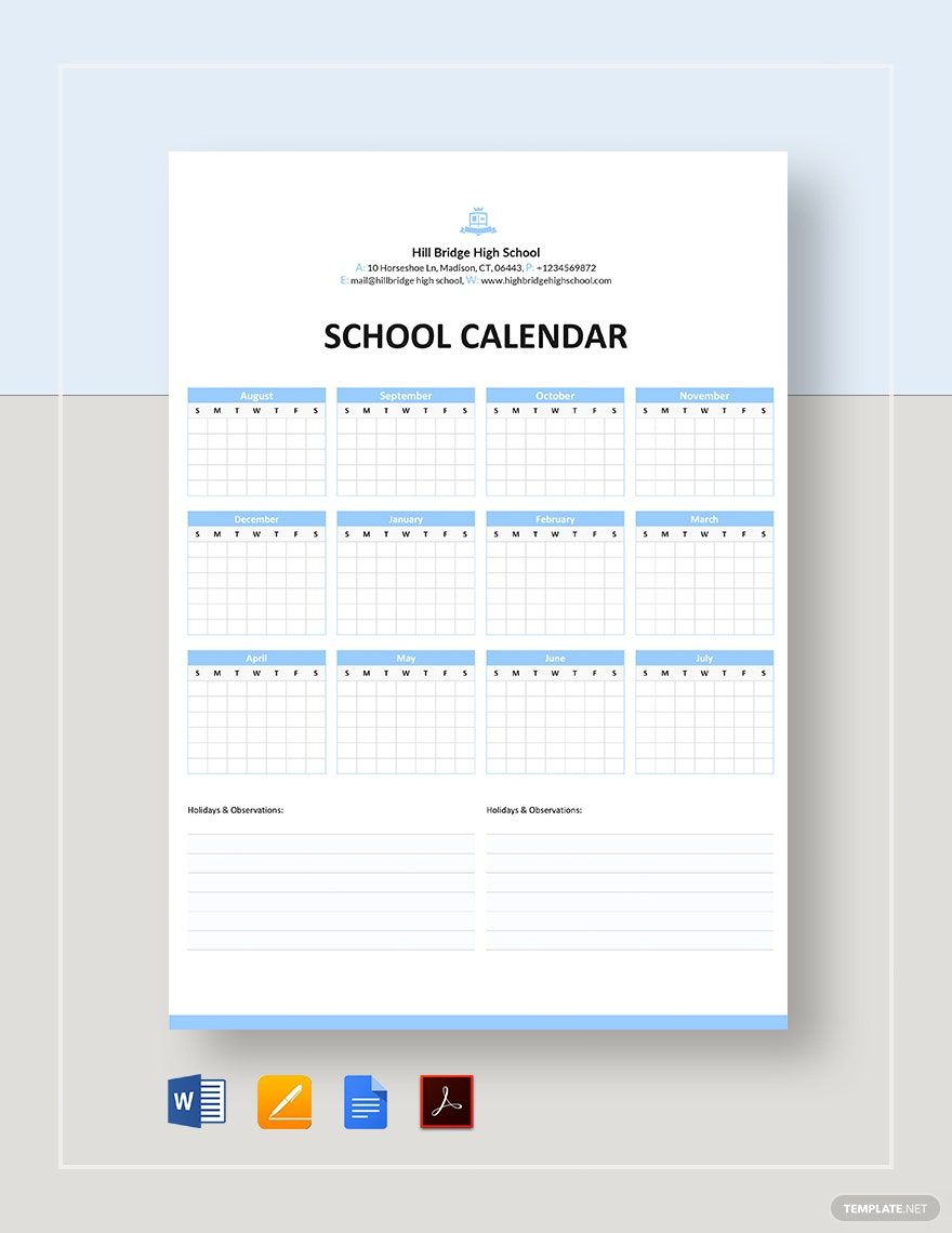 Free Blank School Calendar Template