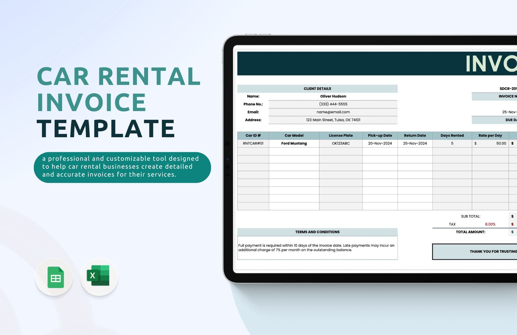 Car Rental Invoice Template in Excel, Google Sheets