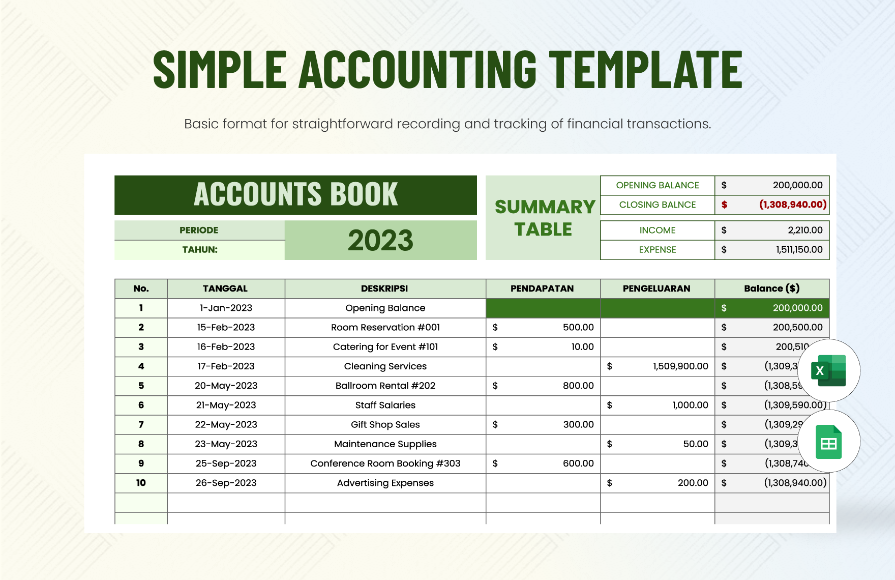 Free Simple Accounting Template in Excel, Google Sheets