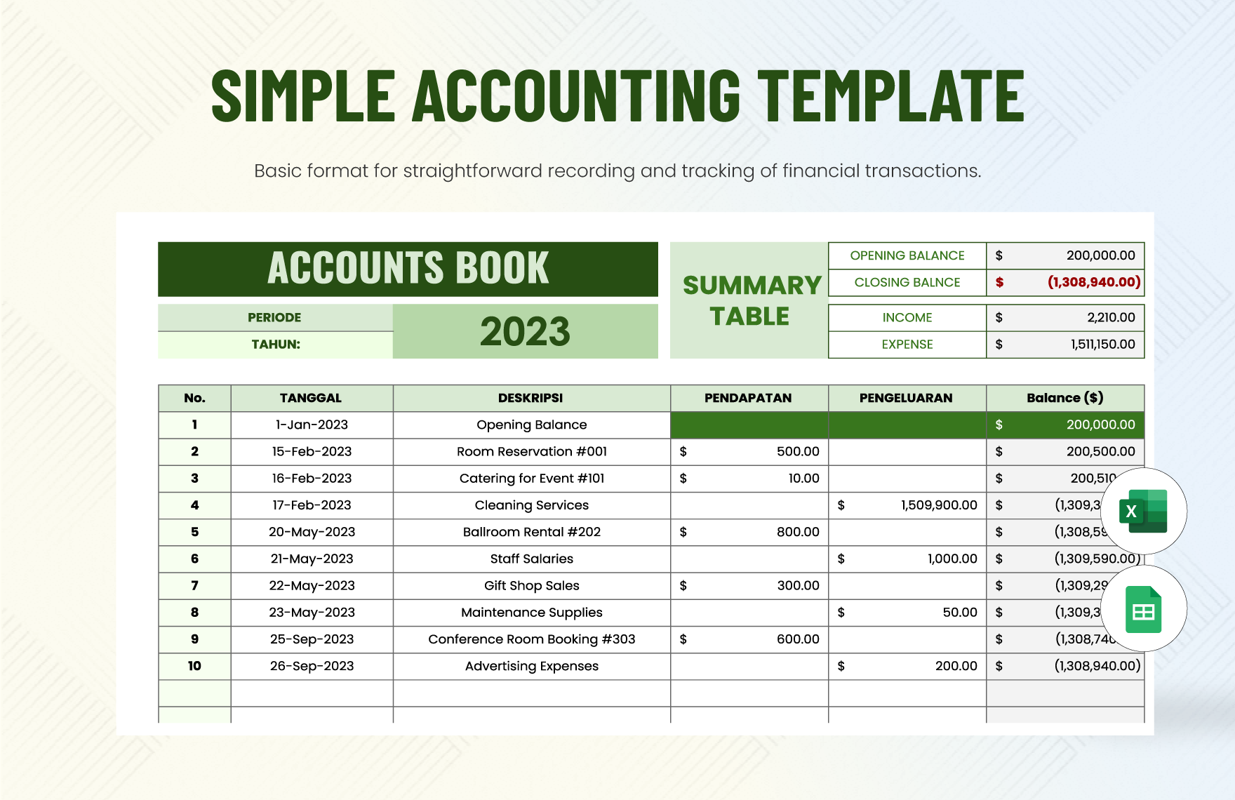 Simple Accounting Template in Excel, Google Sheets - Download | Template.net