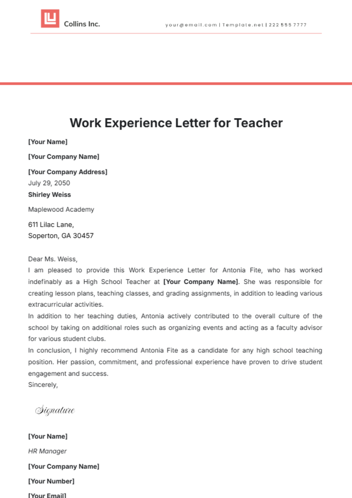 Work Experience Letter for Teacher Template