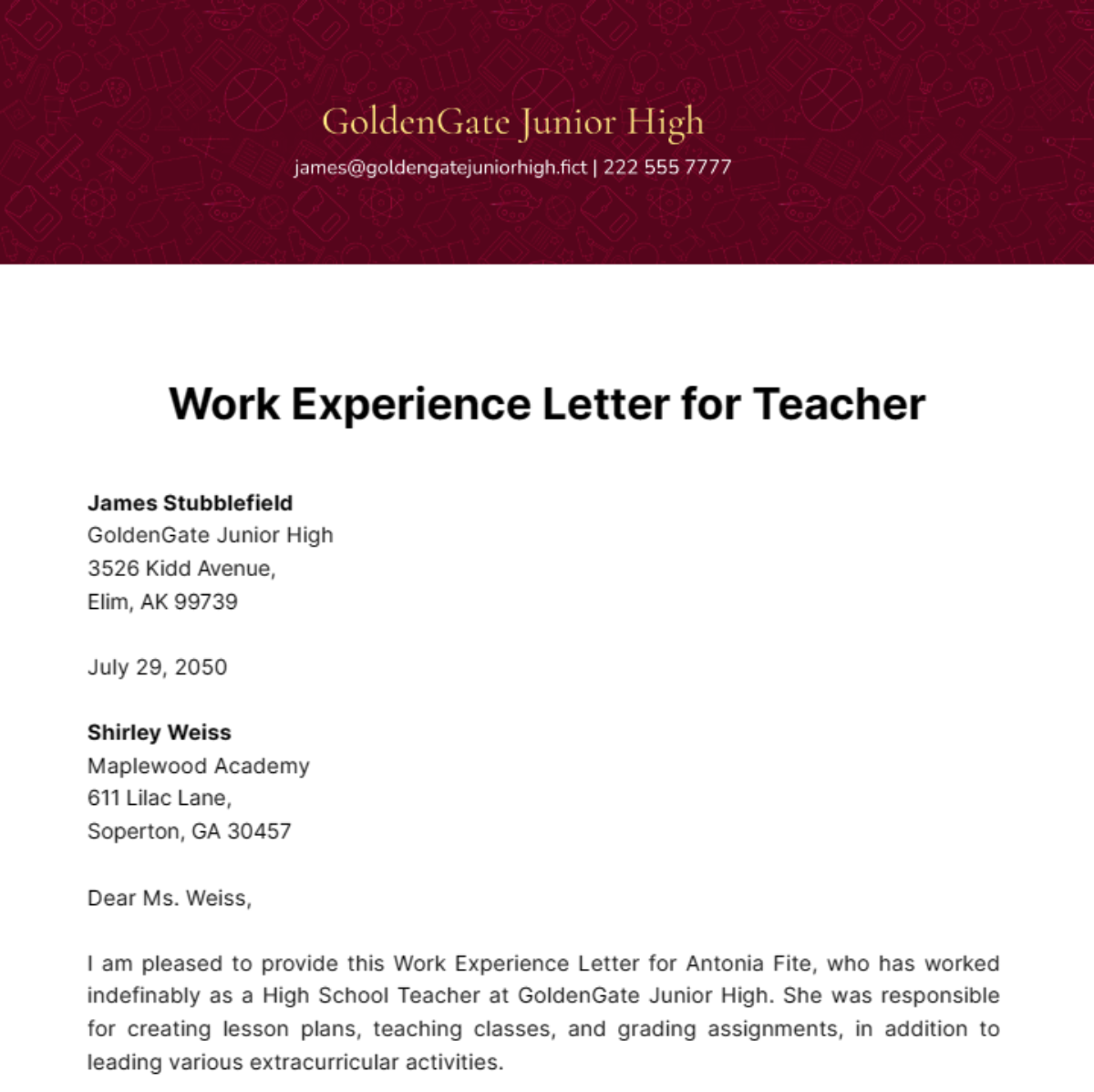 Work Experience Letter for Teacher Template