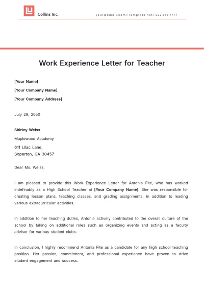 Free Work Experience Letter for Teacher Template to Edit Online