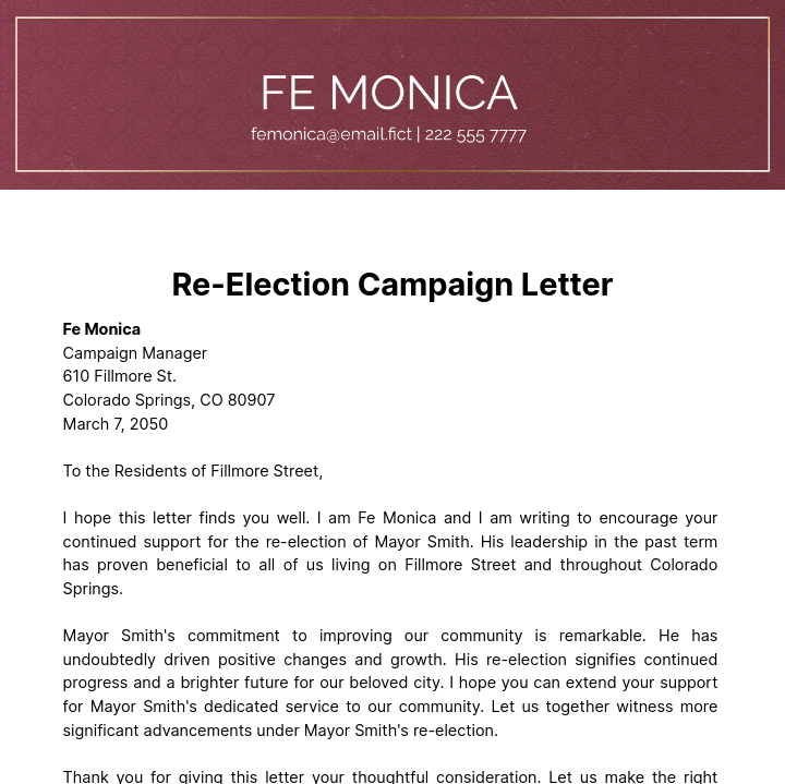 Re Election Campaign Letter Template