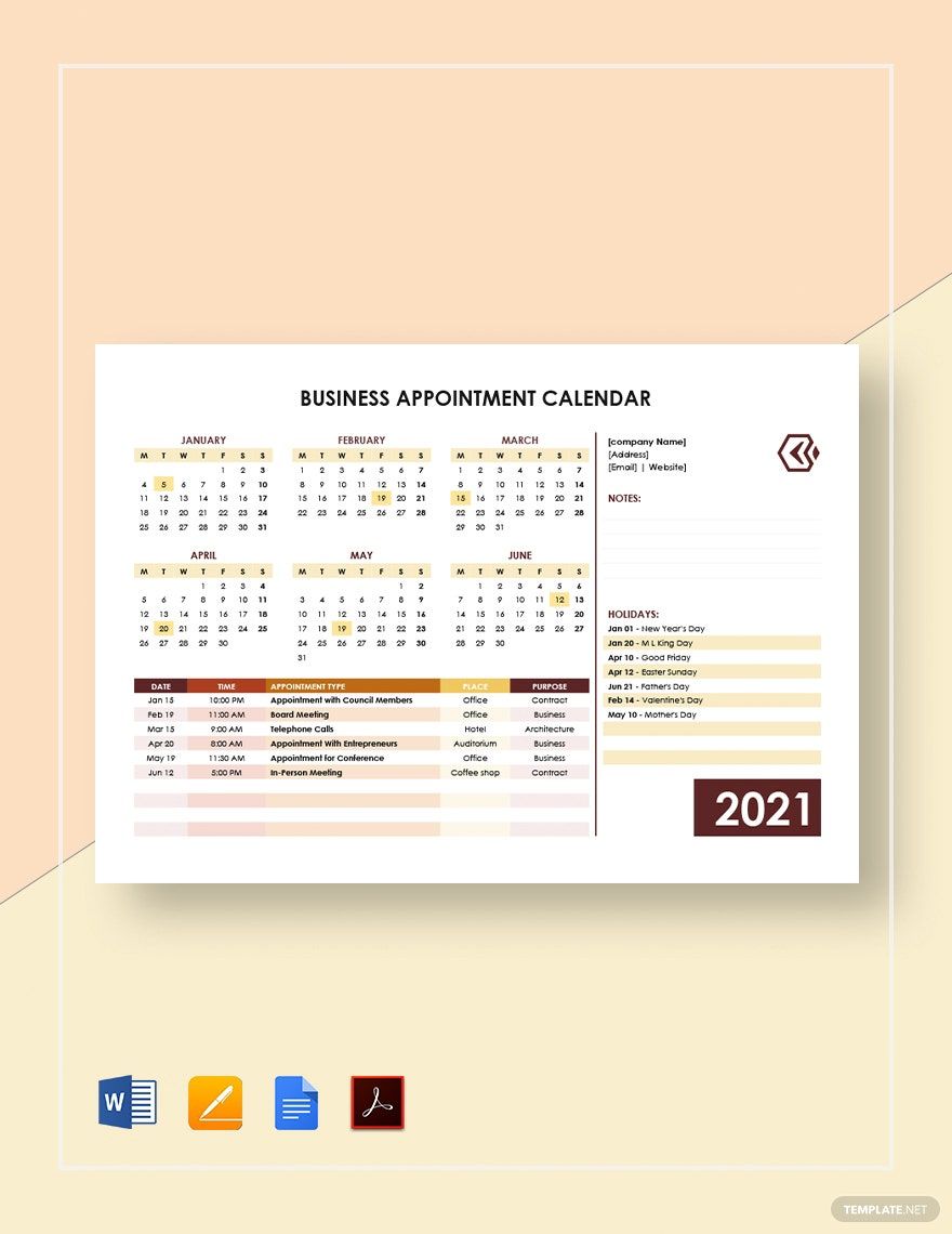 Business Appointment Calendar Template