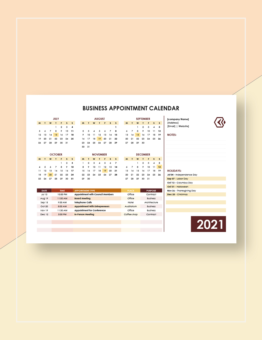 Business Appointment Calendar Template