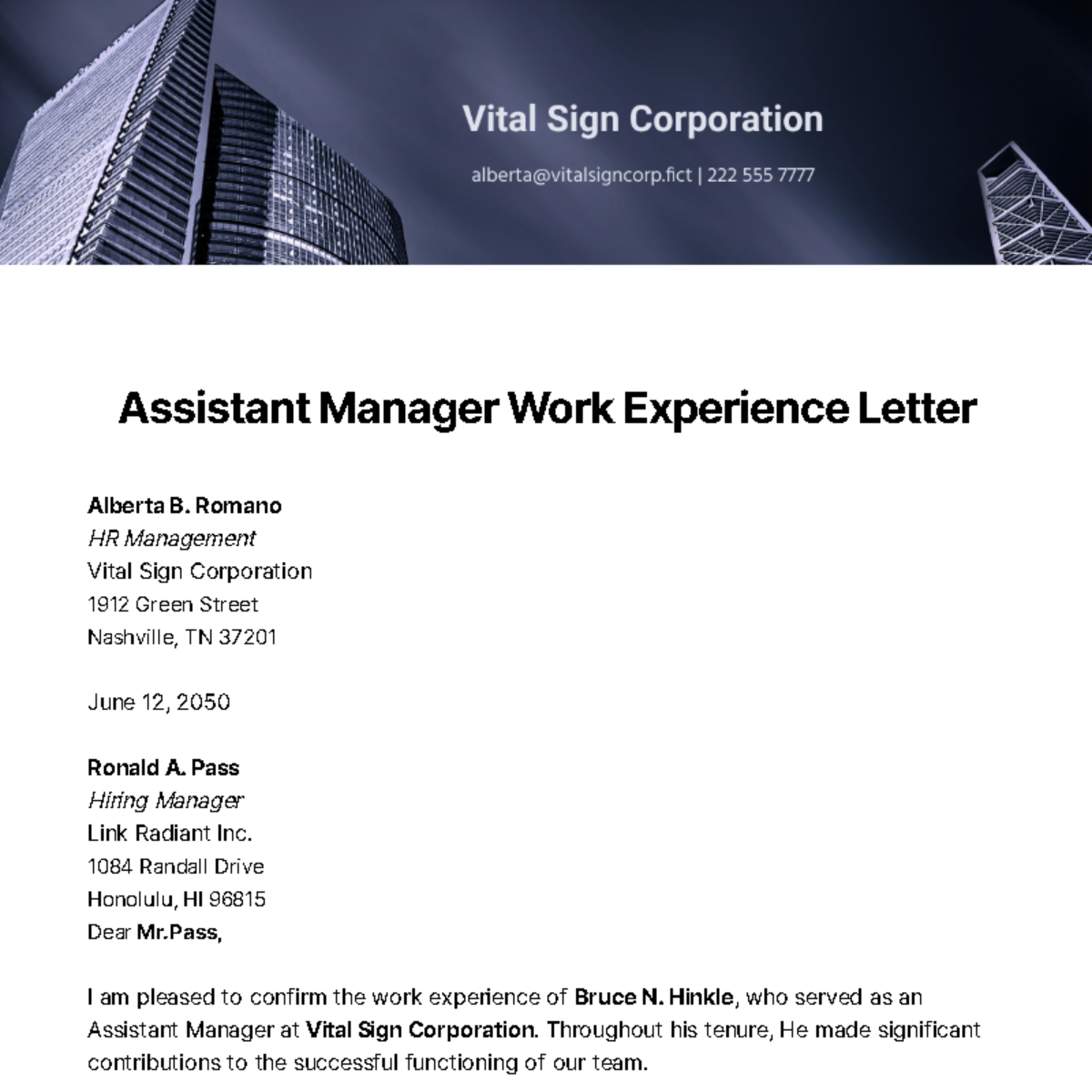 Free Assistant Manager Work Experience Letter Template