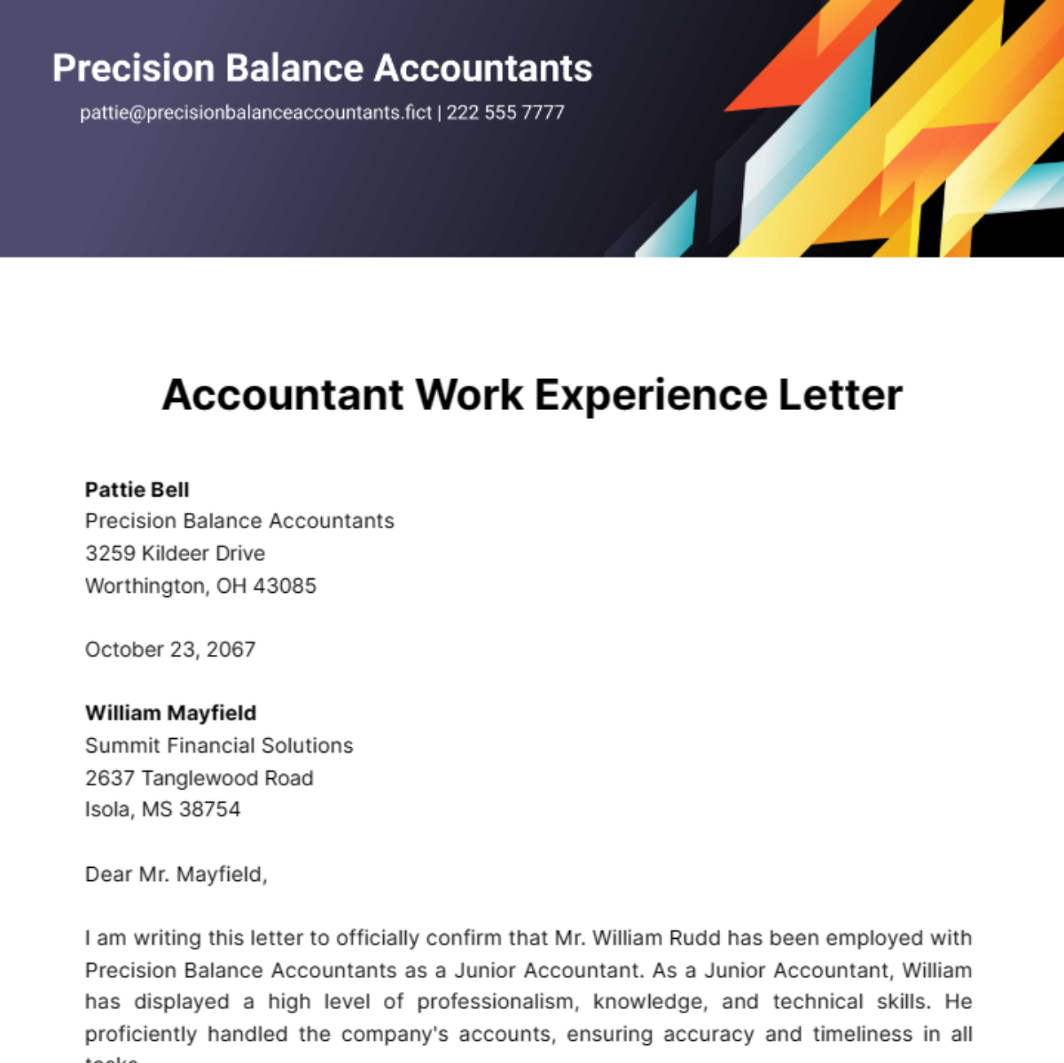 Accountant Work Experience Letter Template
