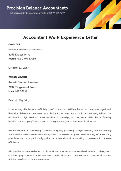 Free Accountant Work Experience Letter Template to Edit Online