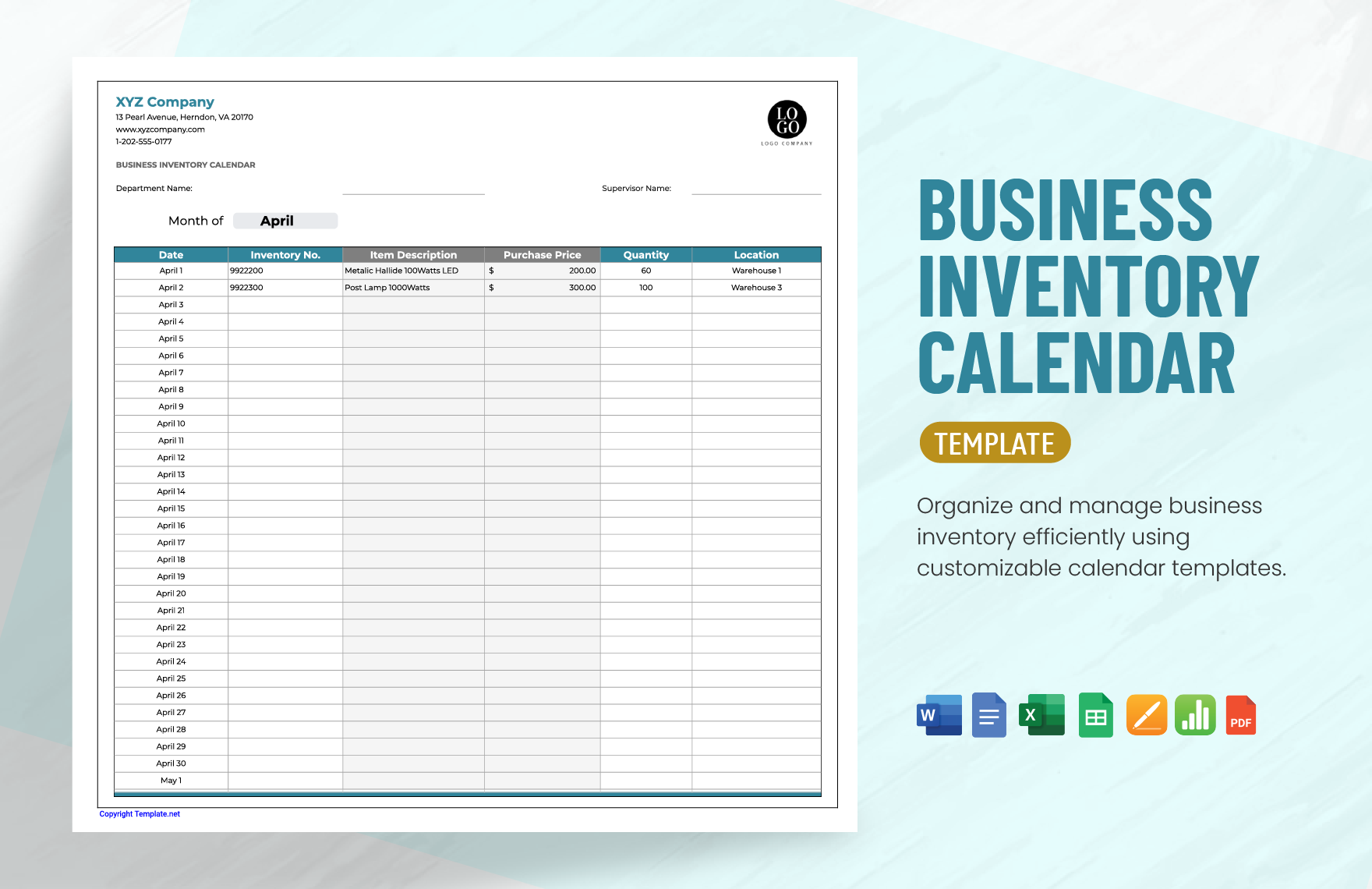 Business Inventory Calendar Template