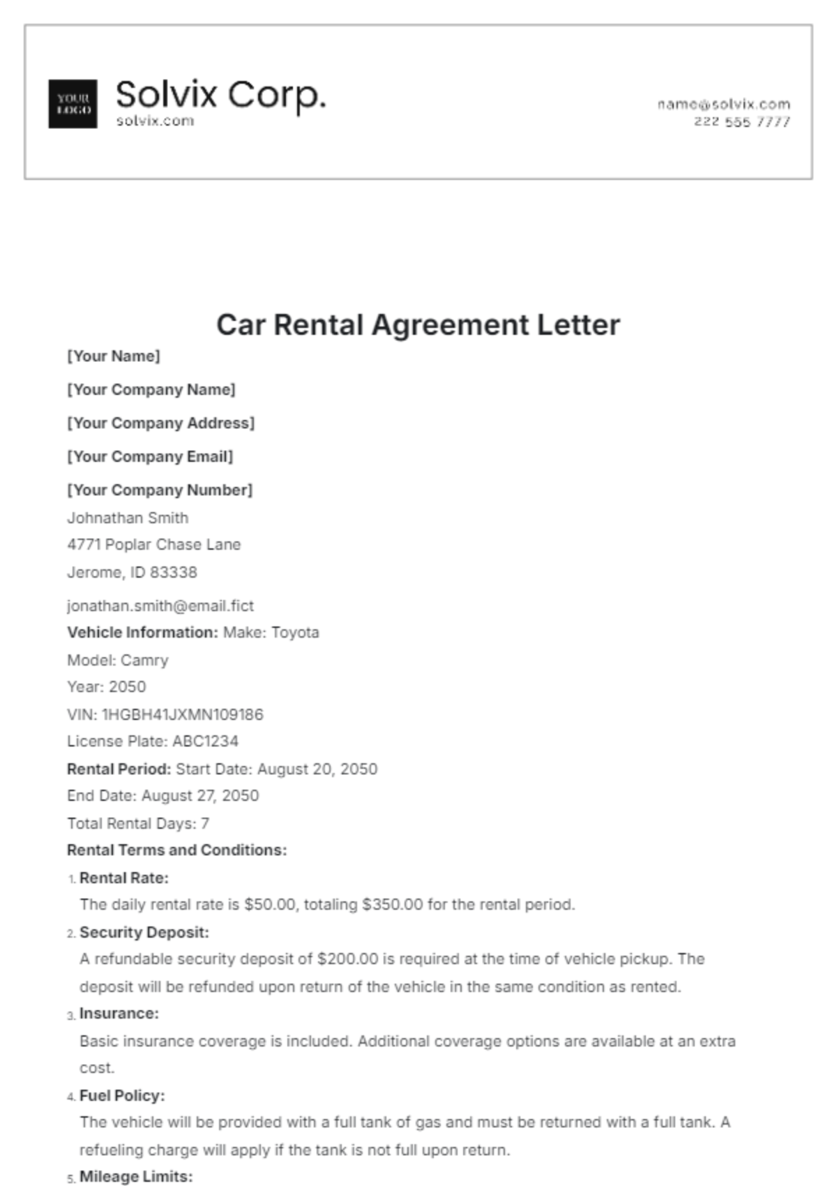 Car Rental Agreement Letter Template