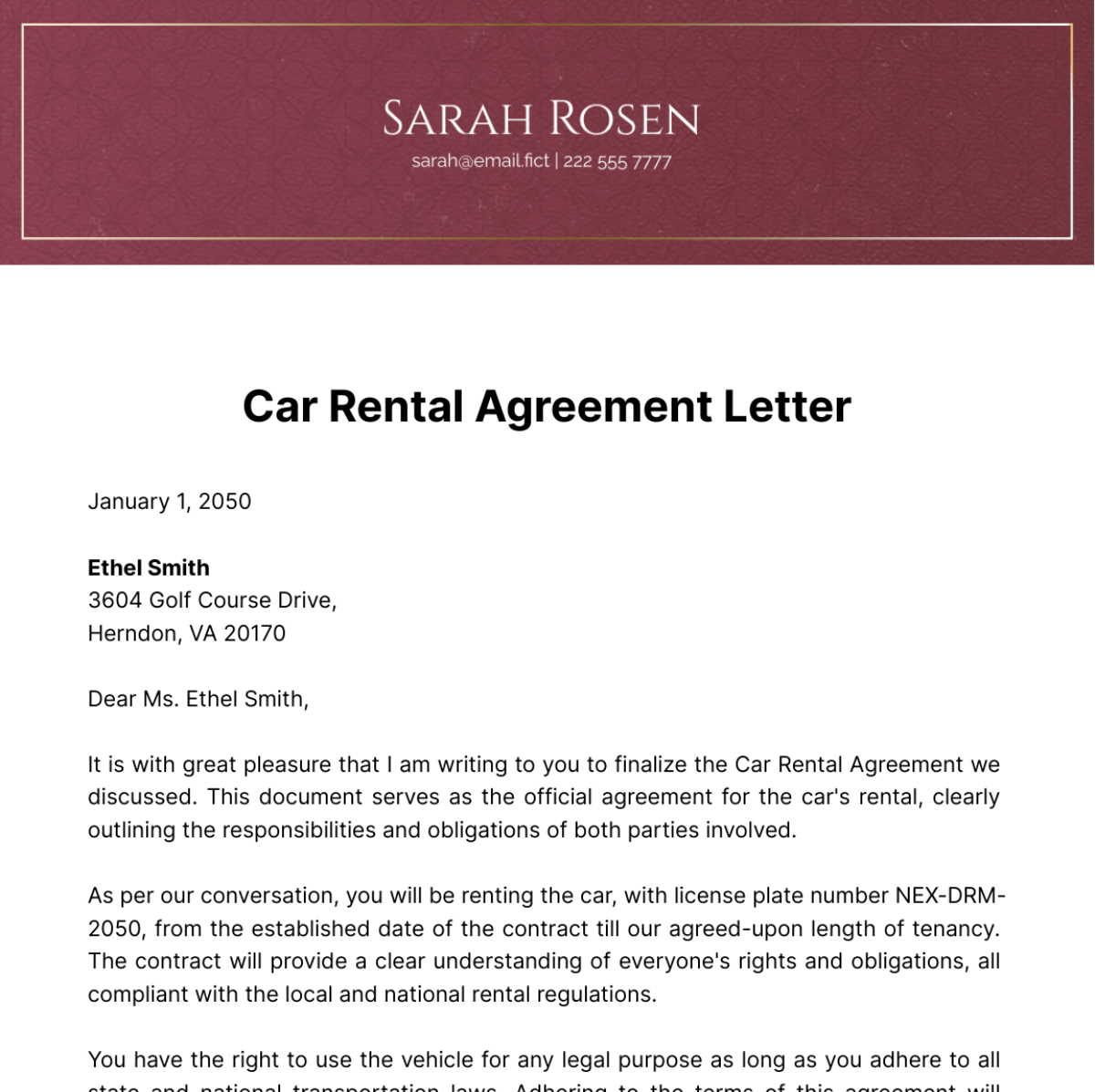 Free Car Rental Agreement Letter Template