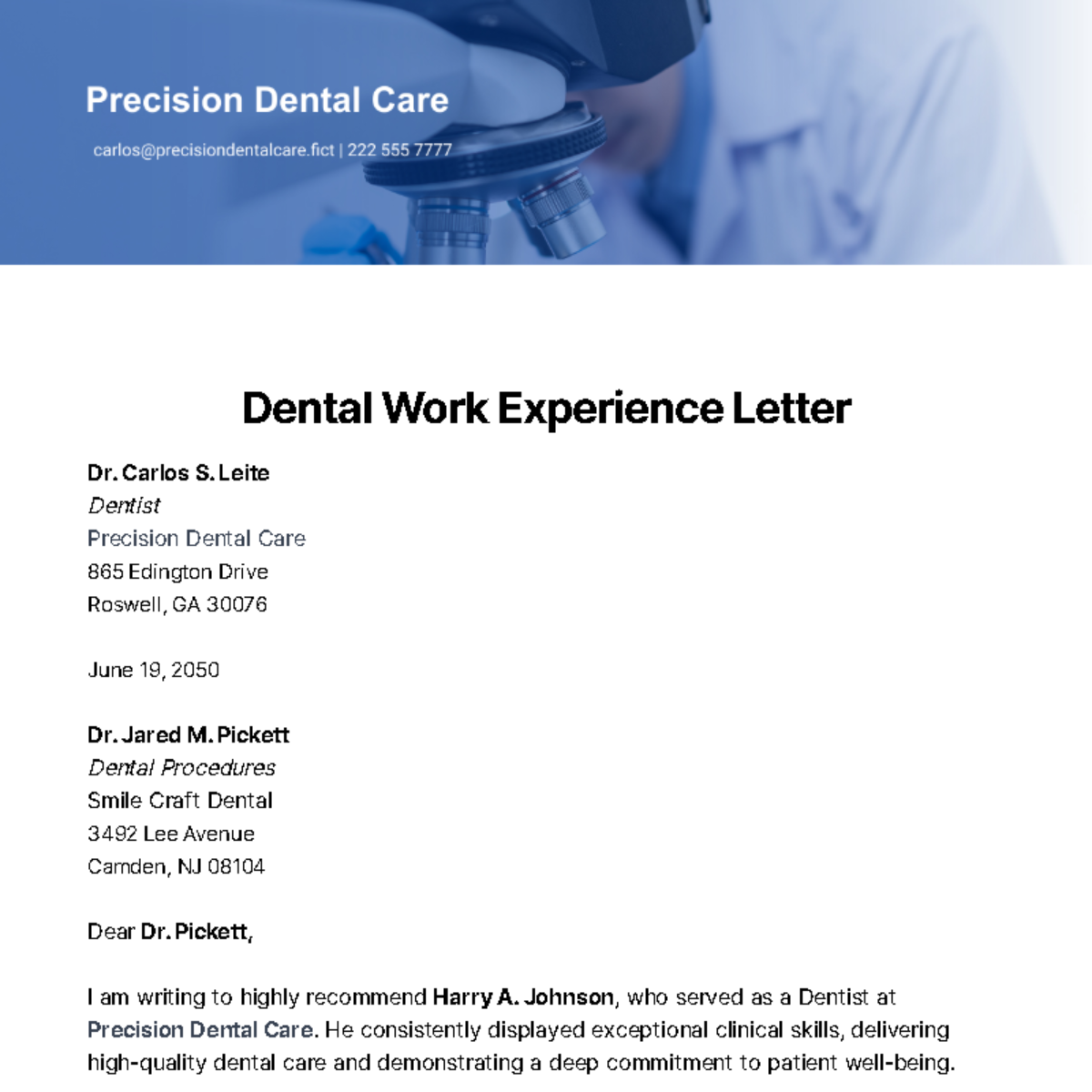 Dental Work Experience Letter Template