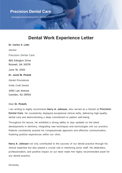 Free Dental Work Experience Letter Template to Edit Online