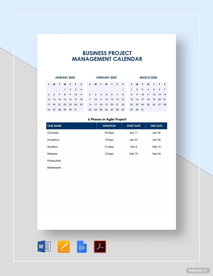 Business Project Management Calendar Template