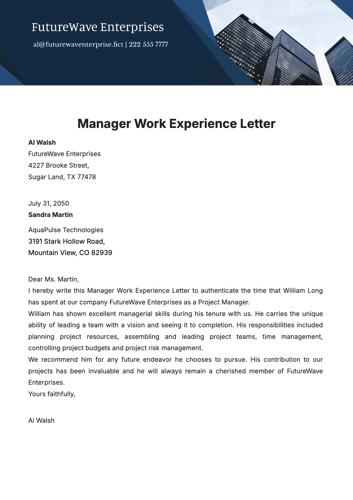 Manager Work Experience Letter Template - Edit Online & Download