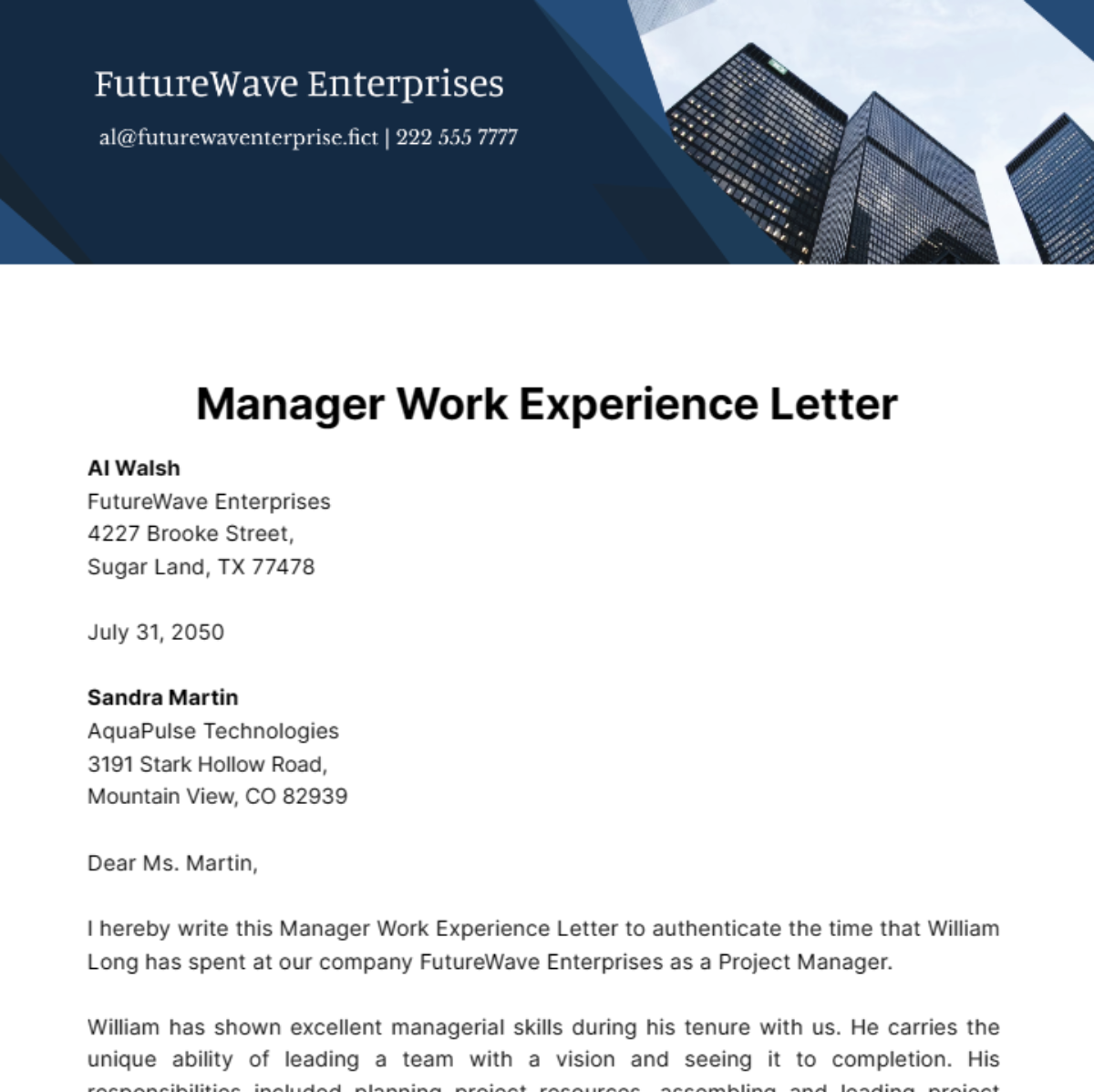 Free Manager Work Experience Letter Template