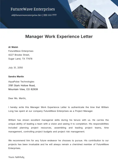 Free Manager Work Experience Letter Template to Edit Online