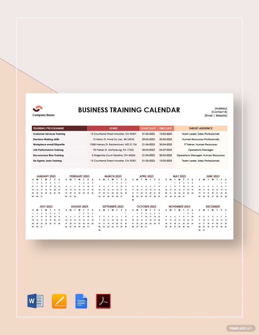 Business Training Calendar Template in Word, Google Docs, PDF, Apple Pages